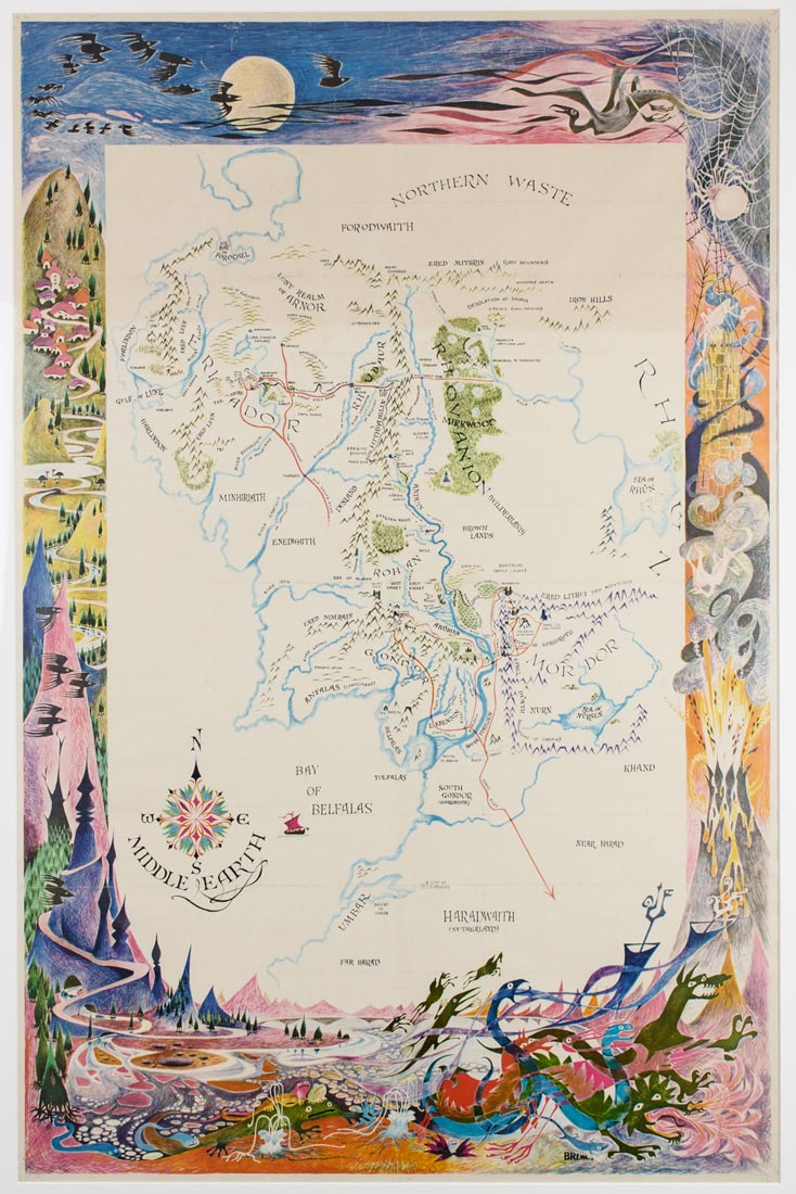 Science Fiction and Fantasy Hall of Fame: um mapa da Terra Média, ilustrado por Barbara Remington em meados dos anos 60 | Foto: Brad Harvey/MoPOP