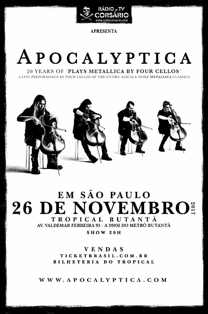 Apocalyptica celebra 20 anos de Plays Metallica by Four Cellos em show  especial, no próximo domingo, em São Paulo