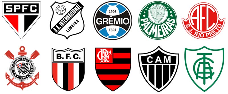 Escudos dos times de futebol citados no artigo, na ordem em que aparecem | Imagens: reprodução
